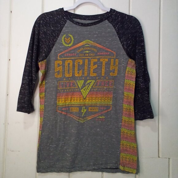 Society Shirt Women S 3/4 Sleeve Live Free Aztec Pattern Colorful - Picture 1 of 13